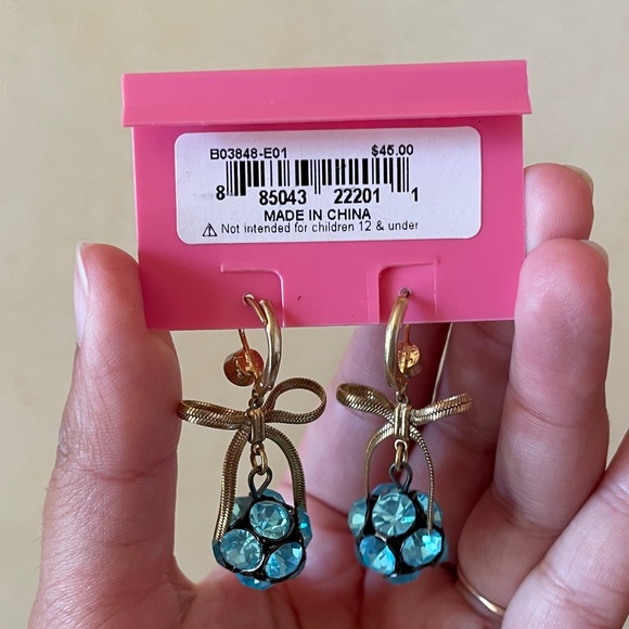 Betsey Johnson Turquoise Crystal Bow Earrings - Picture 4 of 5